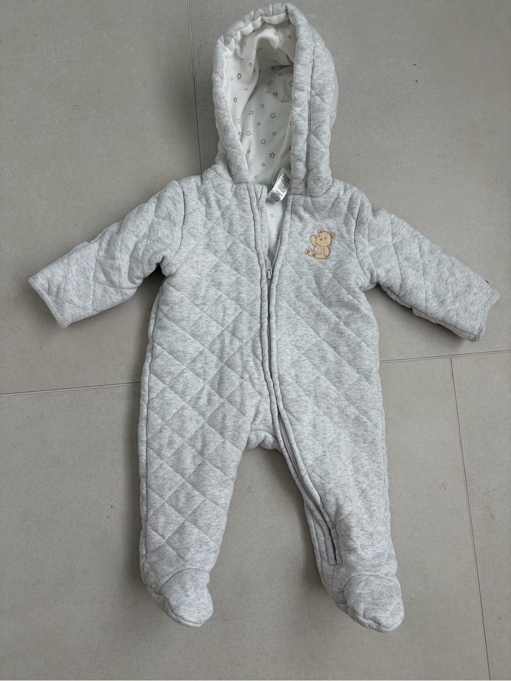 Little Me Quilted Hooded Footie in Light Gray with Bear Patch